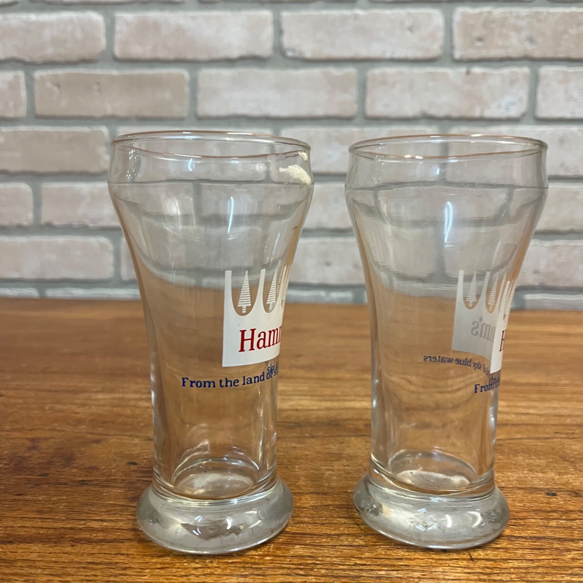 Vintage Hamm's Beer Pilsner 5.75" Glasses Lot (2) White Crown Land of Sky Blue Waters
