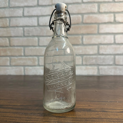 Vintage Glass Citrate Of Magnesia Embossed Bottle w/ Bail & Porcelain Stopper