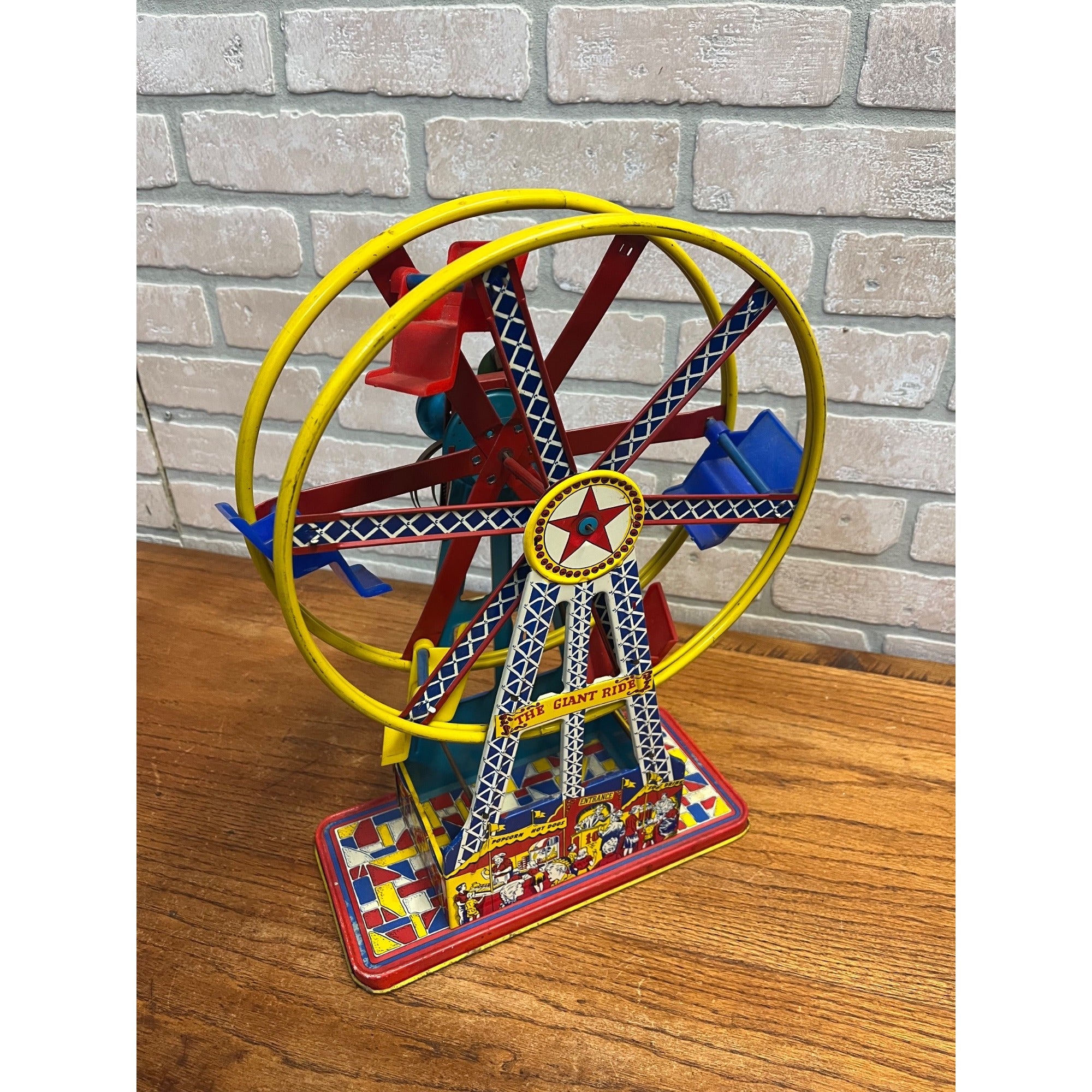 Vintage “The Giant Ride” Non-Working Wind Up Ferris Wheel All Metal 1950s Tin Toy