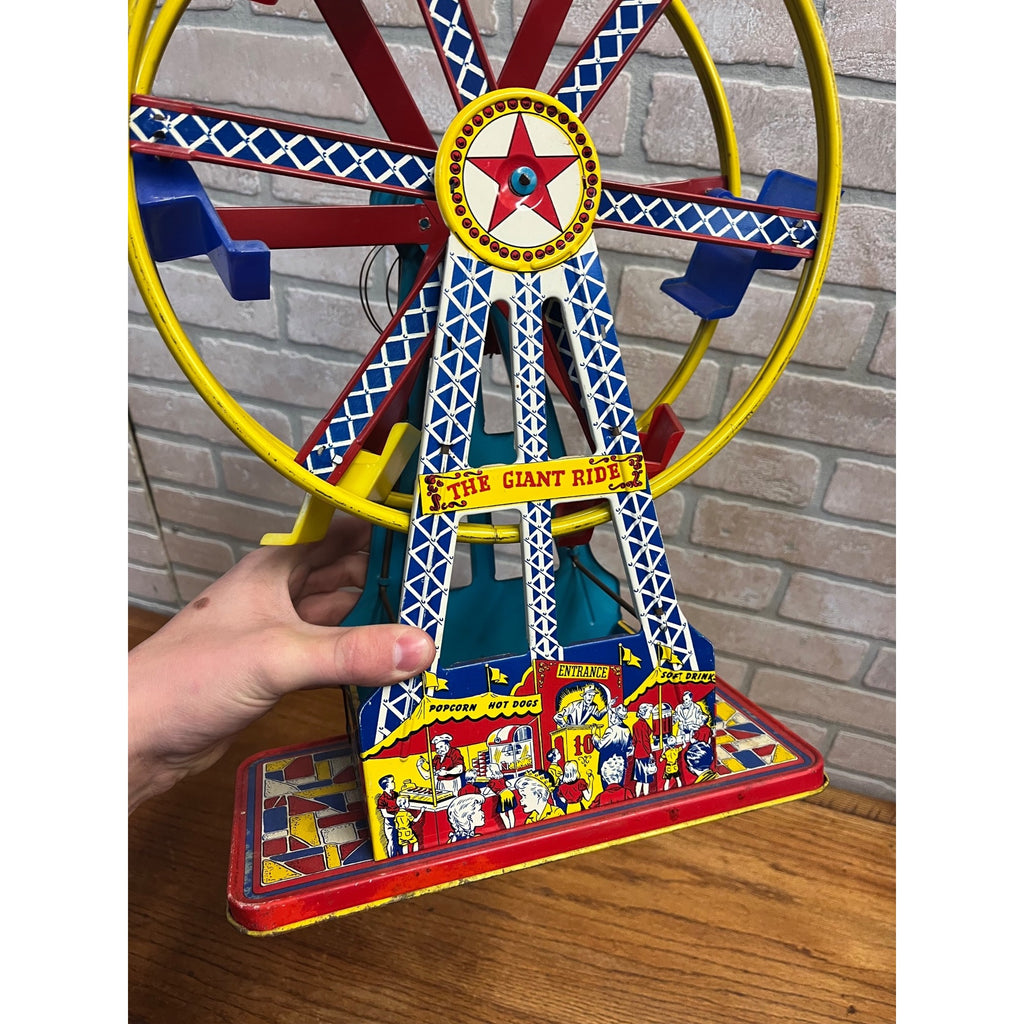 Vintage “The Giant Ride” Non-Working Wind Up Ferris Wheel All Metal 1950s Tin Toy