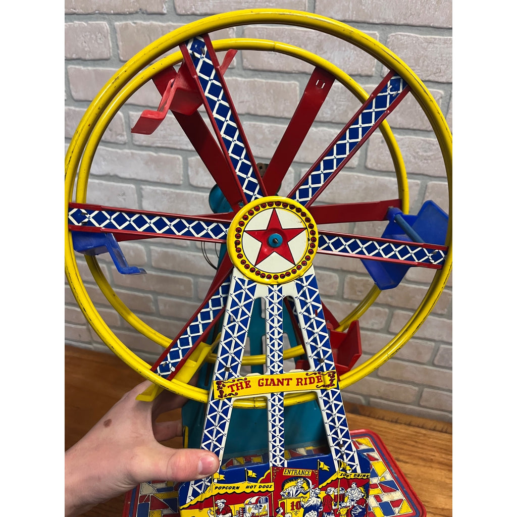 Vintage “The Giant Ride” Non-Working Wind Up Ferris Wheel All Metal 1950s Tin Toy