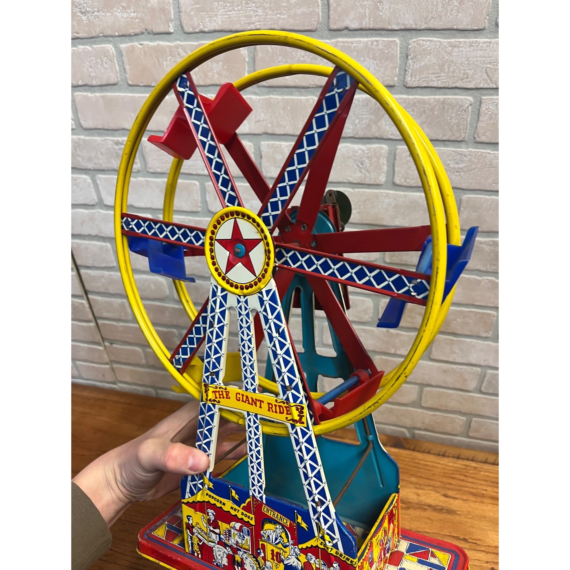 Vintage “The Giant Ride” Non-Working Wind Up Ferris Wheel All Metal 1950s Tin Toy