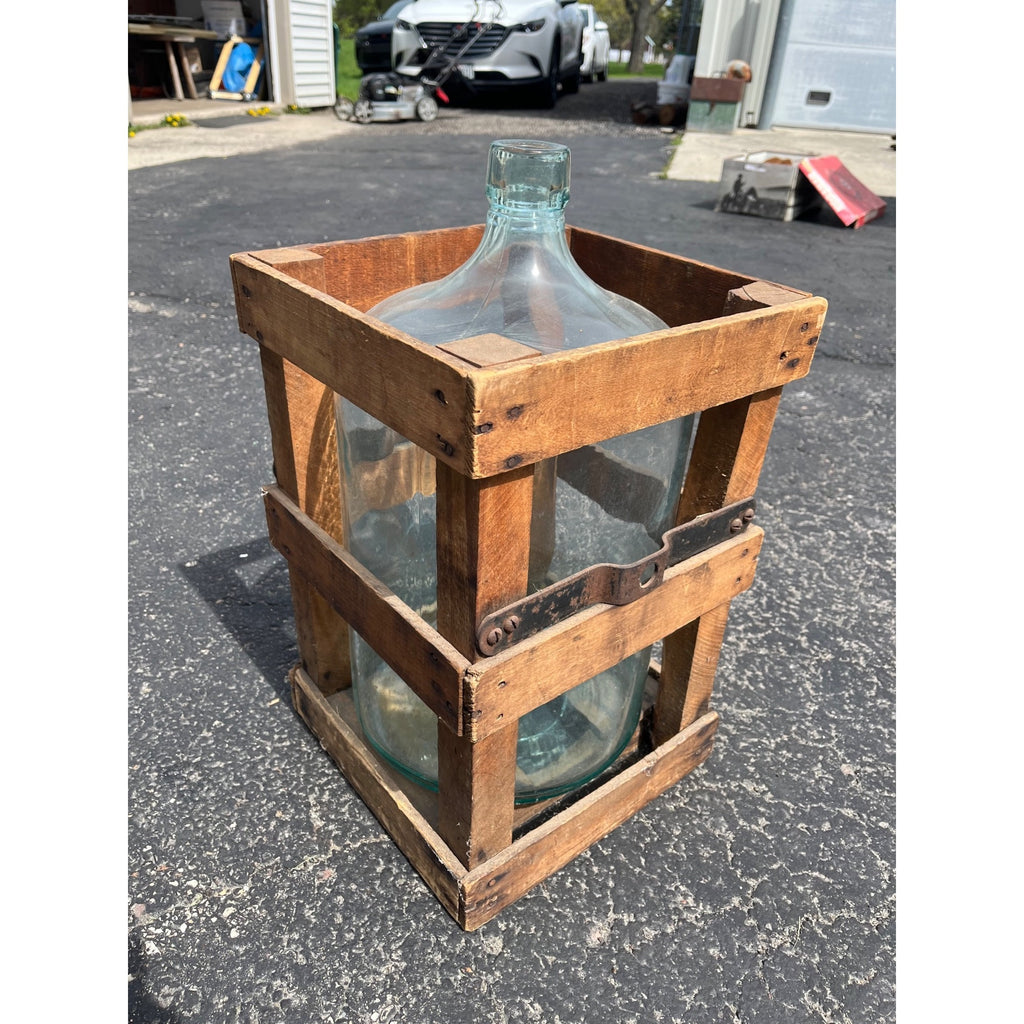 Antique Glass Demijohn Carboy in Wooden Crate Primitive Wine Bottle Jug c.1920
