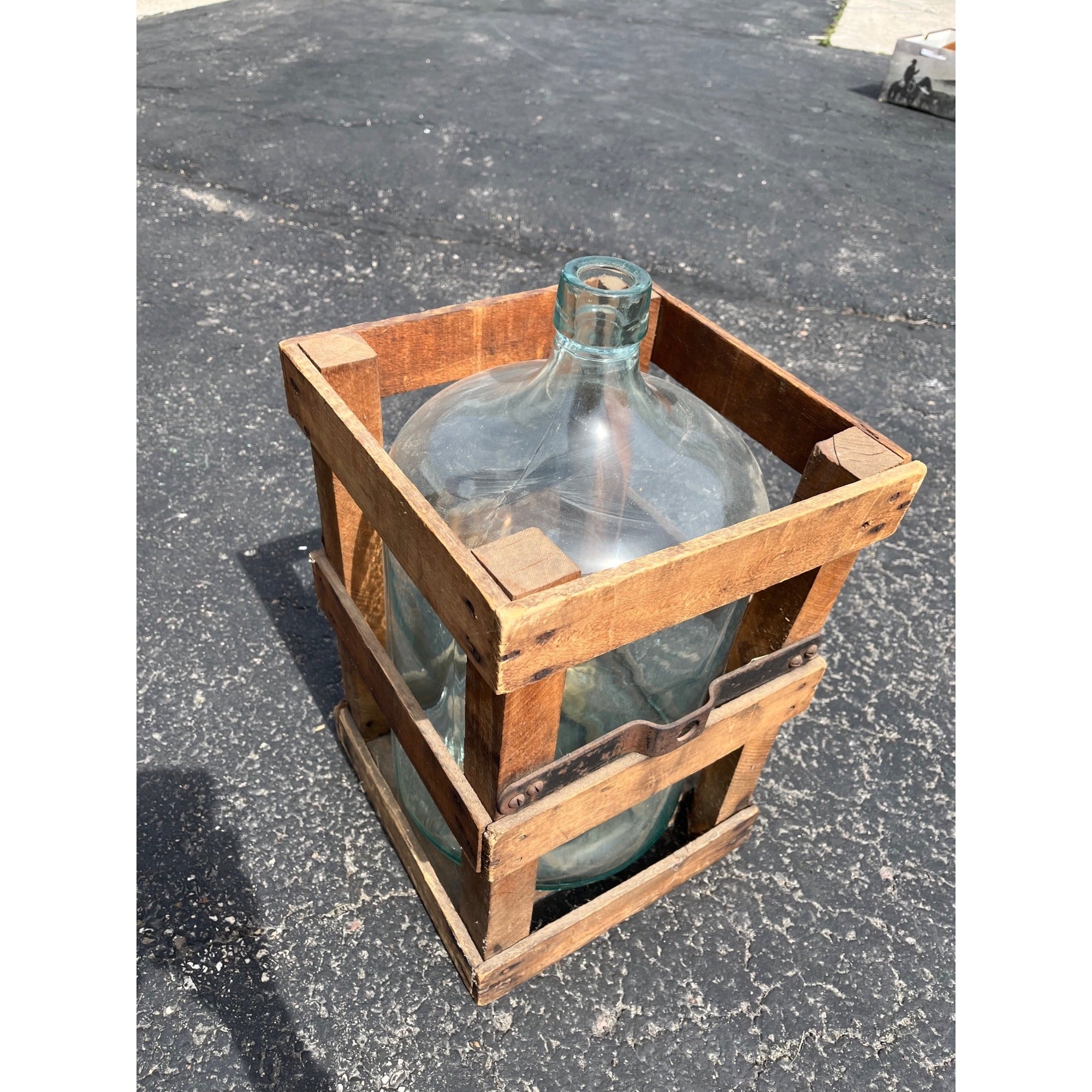 Antique Glass Demijohn Carboy in Wooden Crate Primitive Wine Bottle Jug c.1920