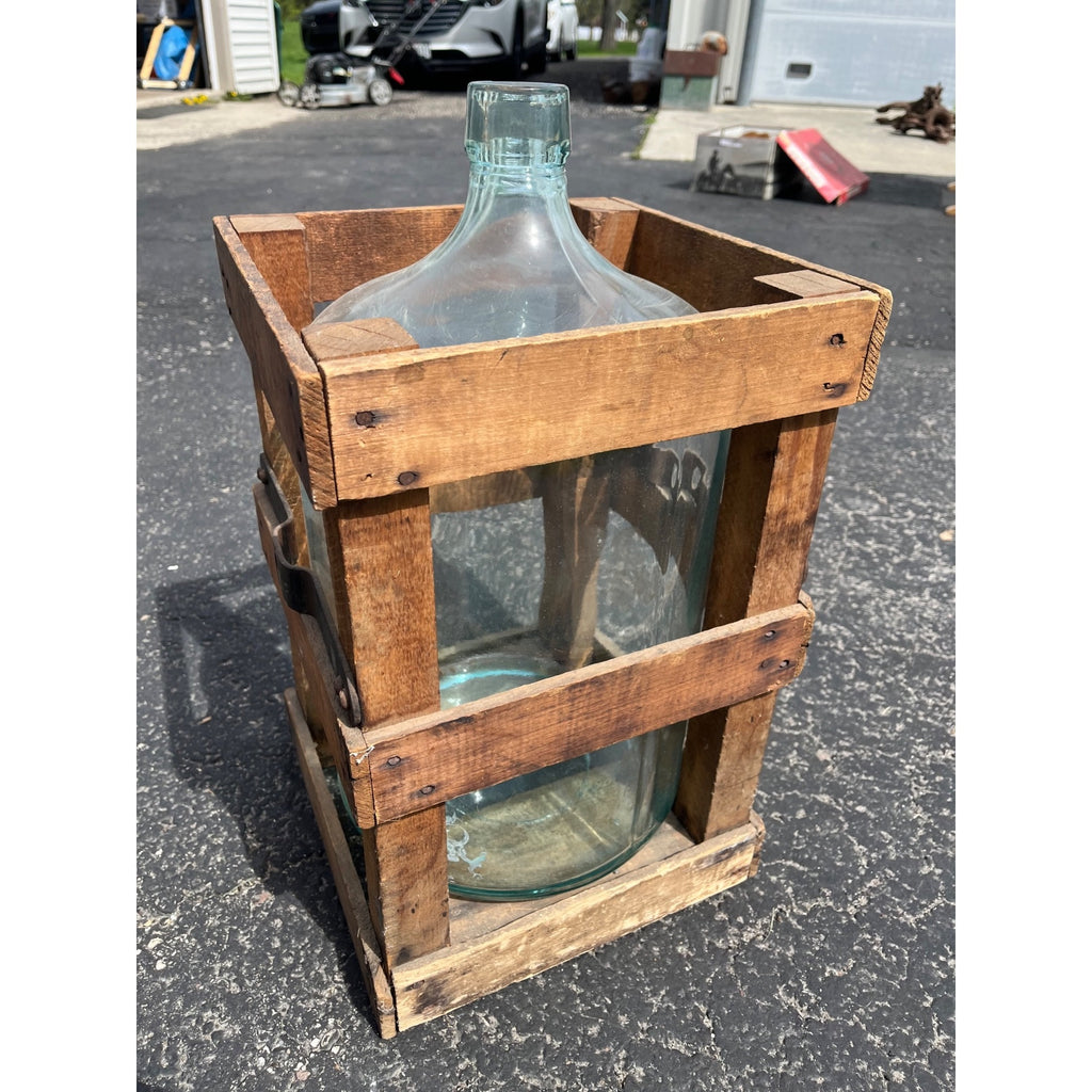 Antique Glass Demijohn Carboy in Wooden Crate Primitive Wine Bottle Jug c.1920