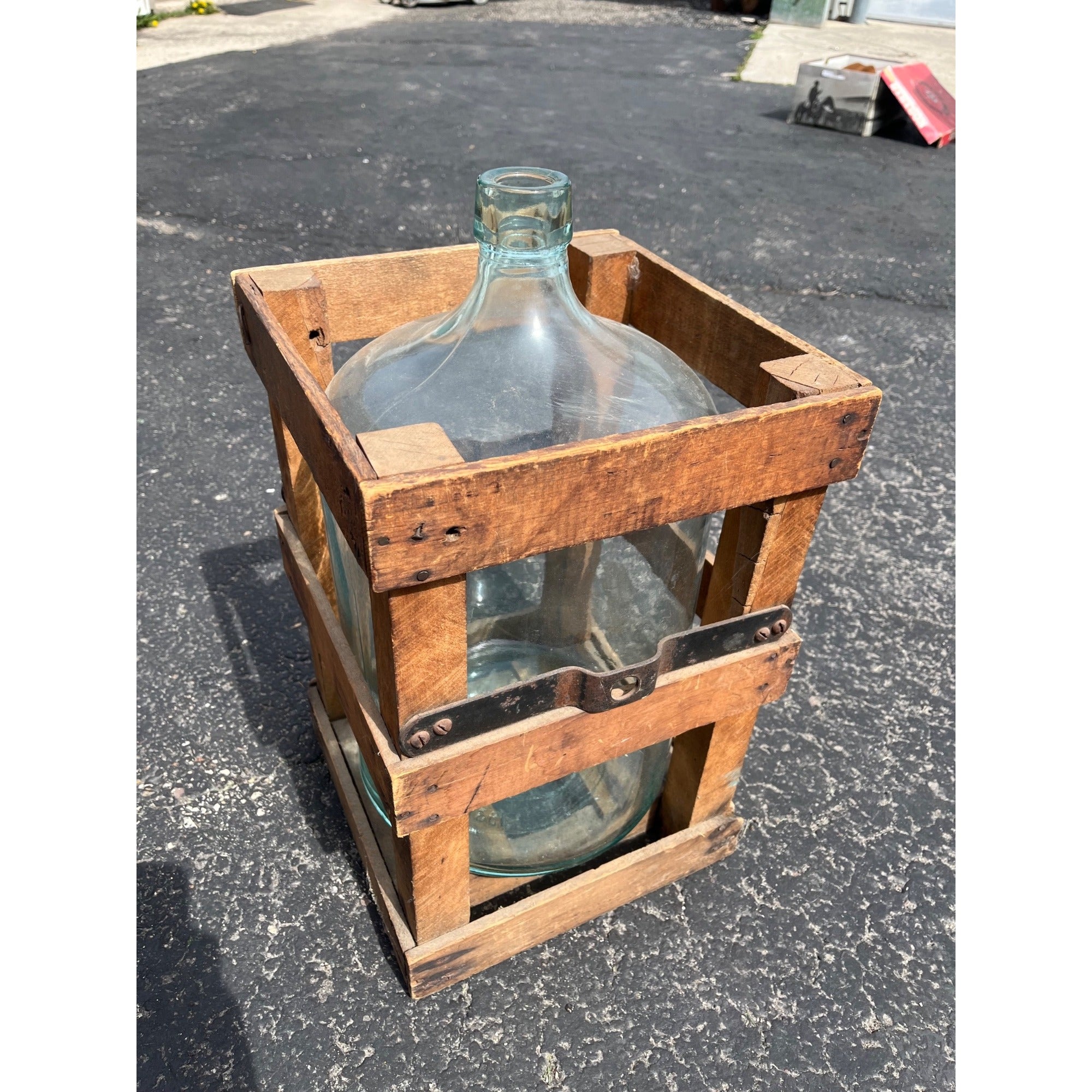 Antique Glass Demijohn Carboy in Wooden Crate Primitive Wine Bottle Jug c.1920