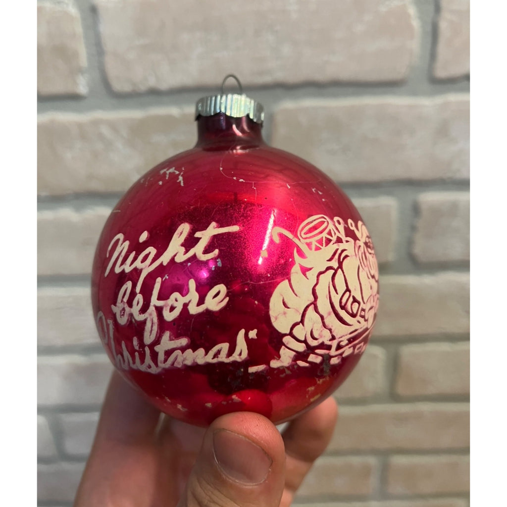 Vintage Shiny Brite Stenciled Night Before Christmas Glass Ornament 3.5" Pink