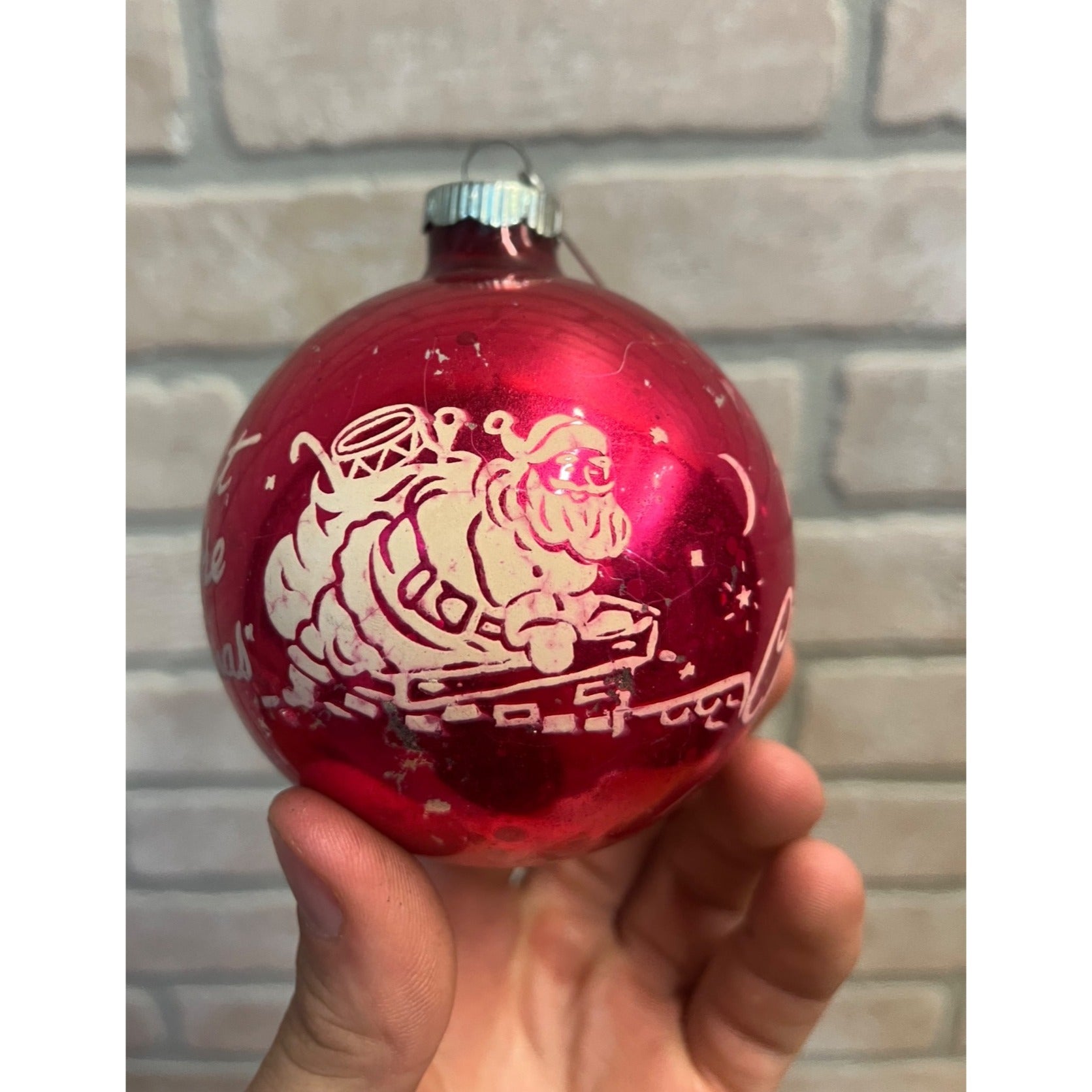 Vintage Shiny Brite Stenciled Night Before Christmas Glass Ornament 3.5" Pink