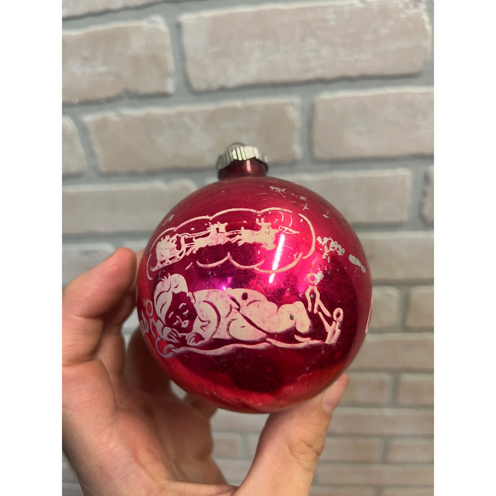 Vintage Shiny Brite Stenciled Night Before Christmas Glass Ornament 3.5" Pink