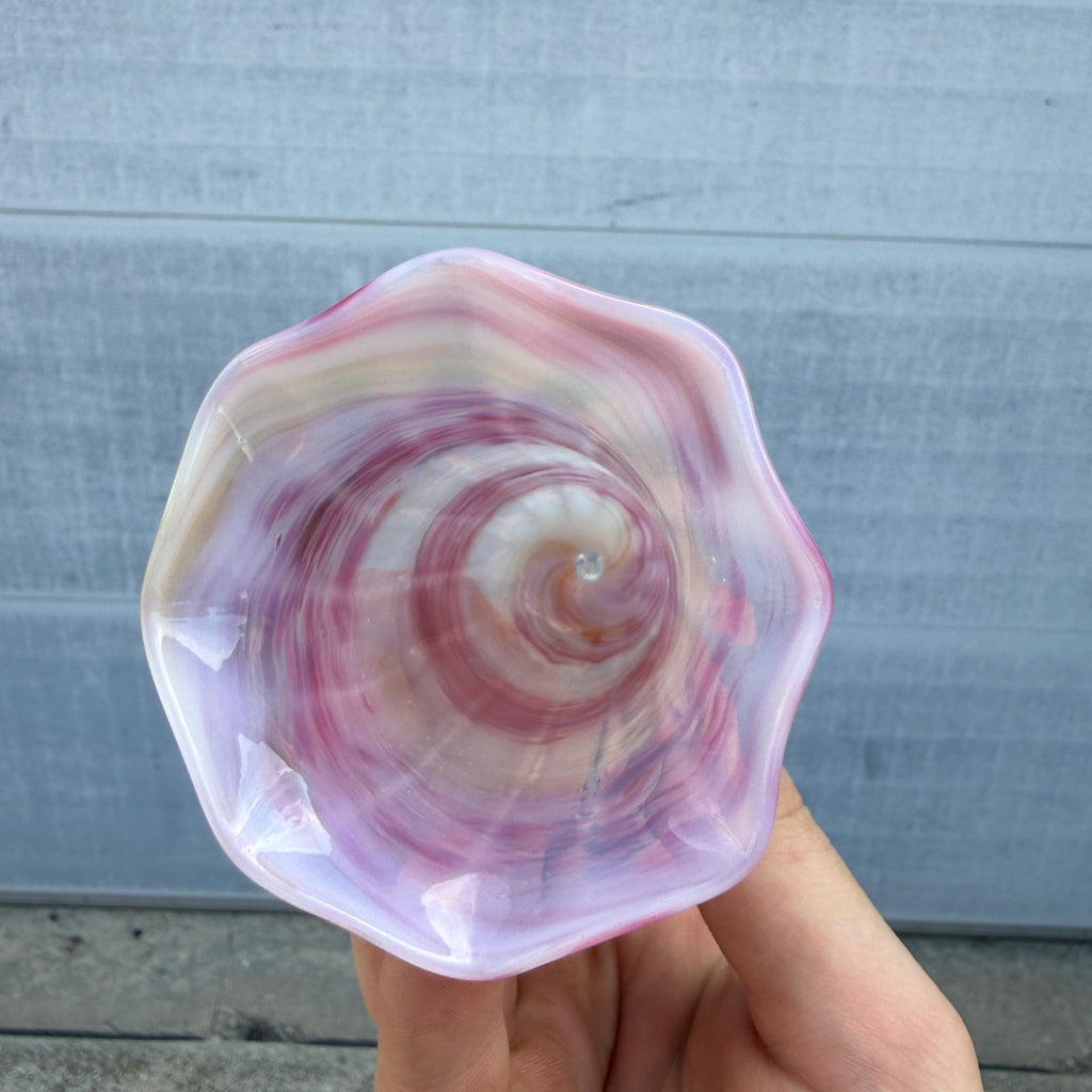 Vintage Hand Blown Pink & White Marble Swirl Glass Bell Ornament 4.5" Art Glass