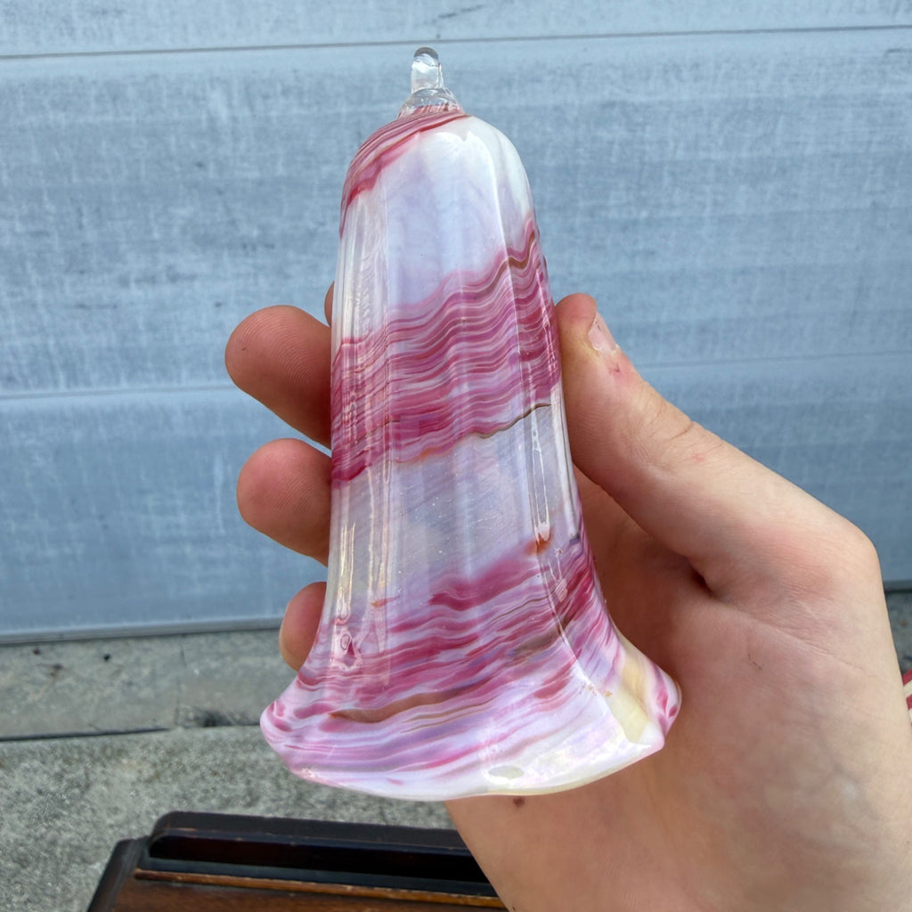 Vintage Hand Blown Pink & White Marble Swirl Glass Bell Ornament 4.5" Art Glass