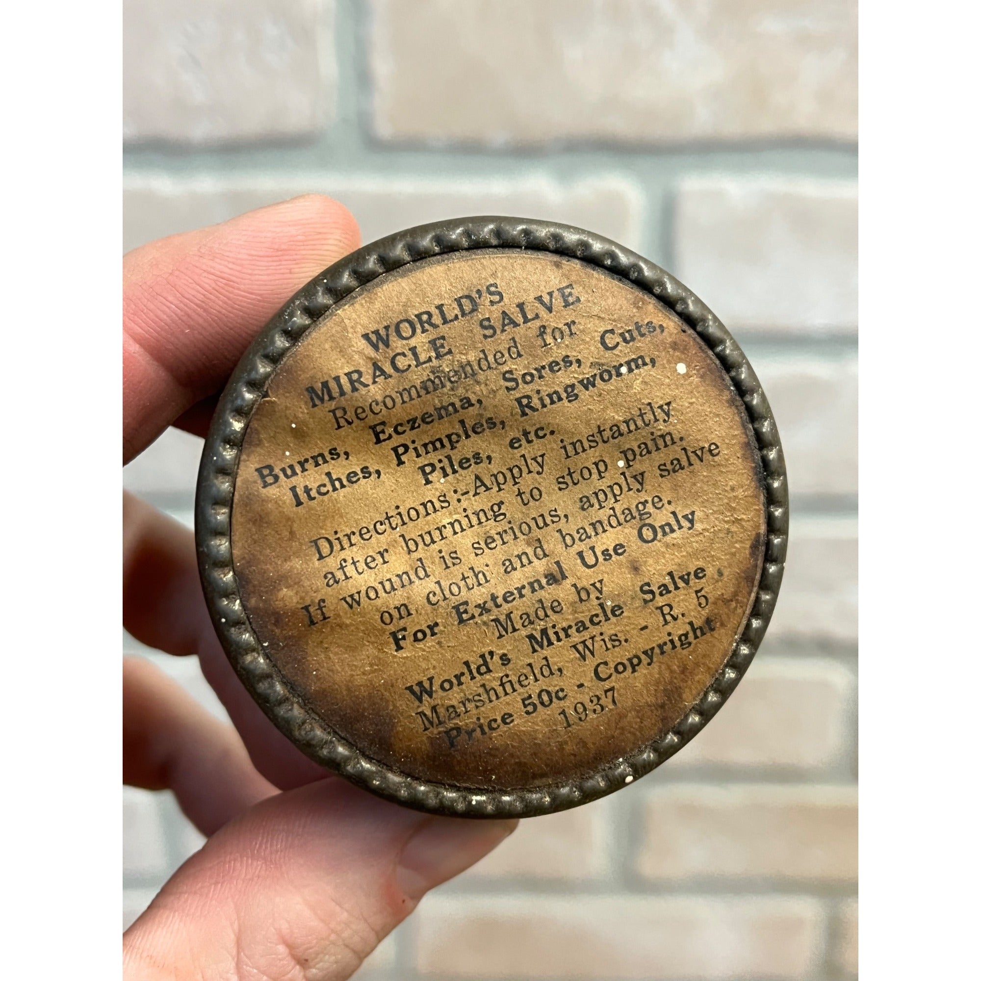 Vintage 1930s World's Miracle Salve Marshfield Wis Ointment Label Tin Medicine