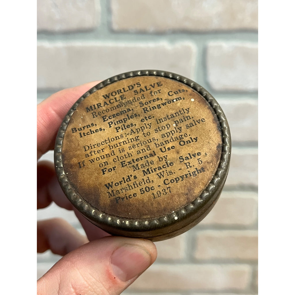 Vintage 1930s World's Miracle Salve Marshfield Wis Ointment Label Tin Medicine