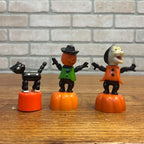 Vintage 1960s Halloween Lot Fun World Push Puppets Witch, Pumpkin Man, Black Cat