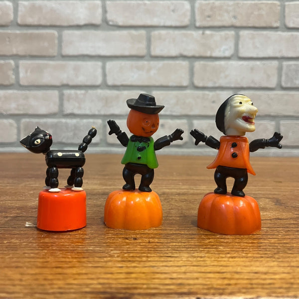 Vintage 1960s Halloween Lot Fun World Push Puppets Witch, Pumpkin Man, Black Cat