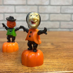 Vintage 1960s Halloween Lot Fun World Push Puppets Witch, Pumpkin Man, Black Cat