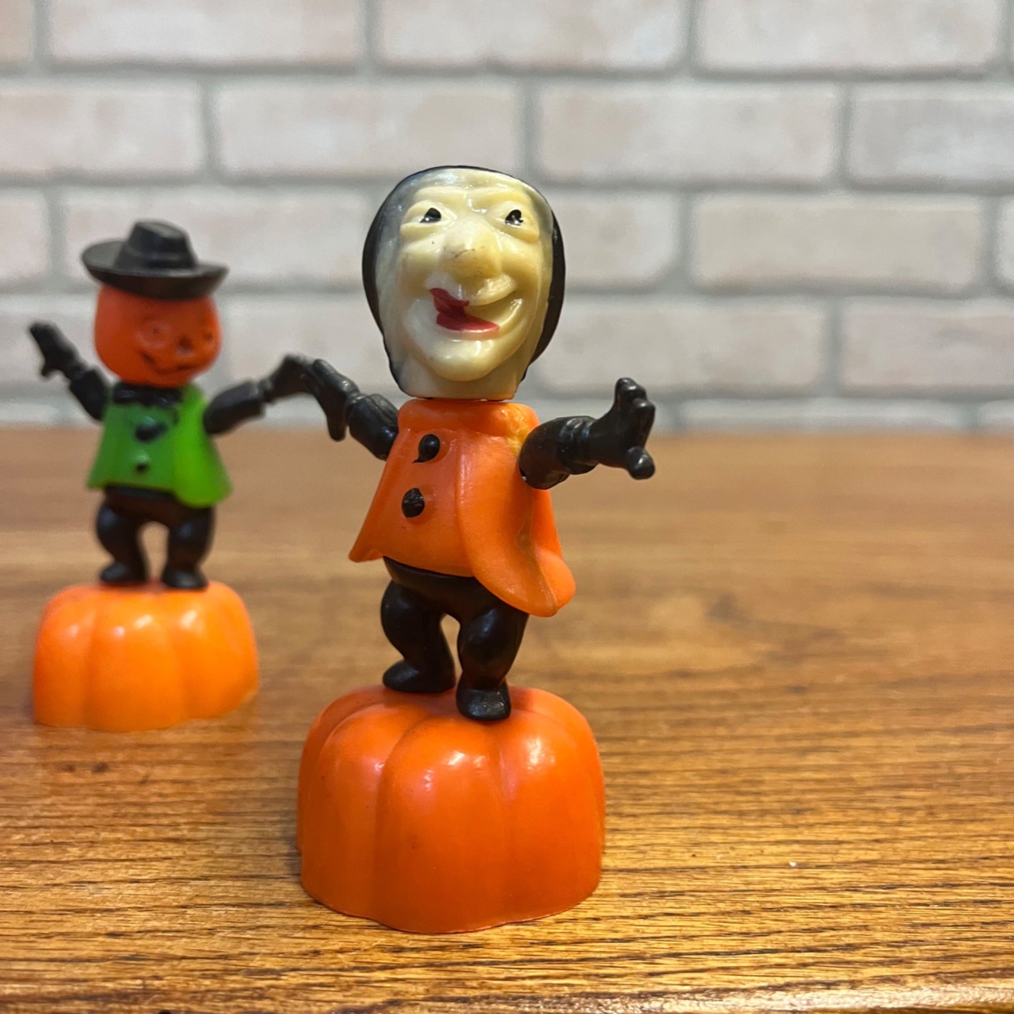 Vintage 1960s Halloween Lot Fun World Push Puppets Witch, Pumpkin Man, Black Cat