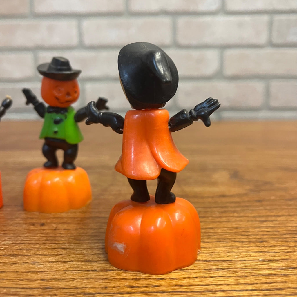 Vintage 1960s Halloween Lot Fun World Push Puppets Witch, Pumpkin Man, Black Cat