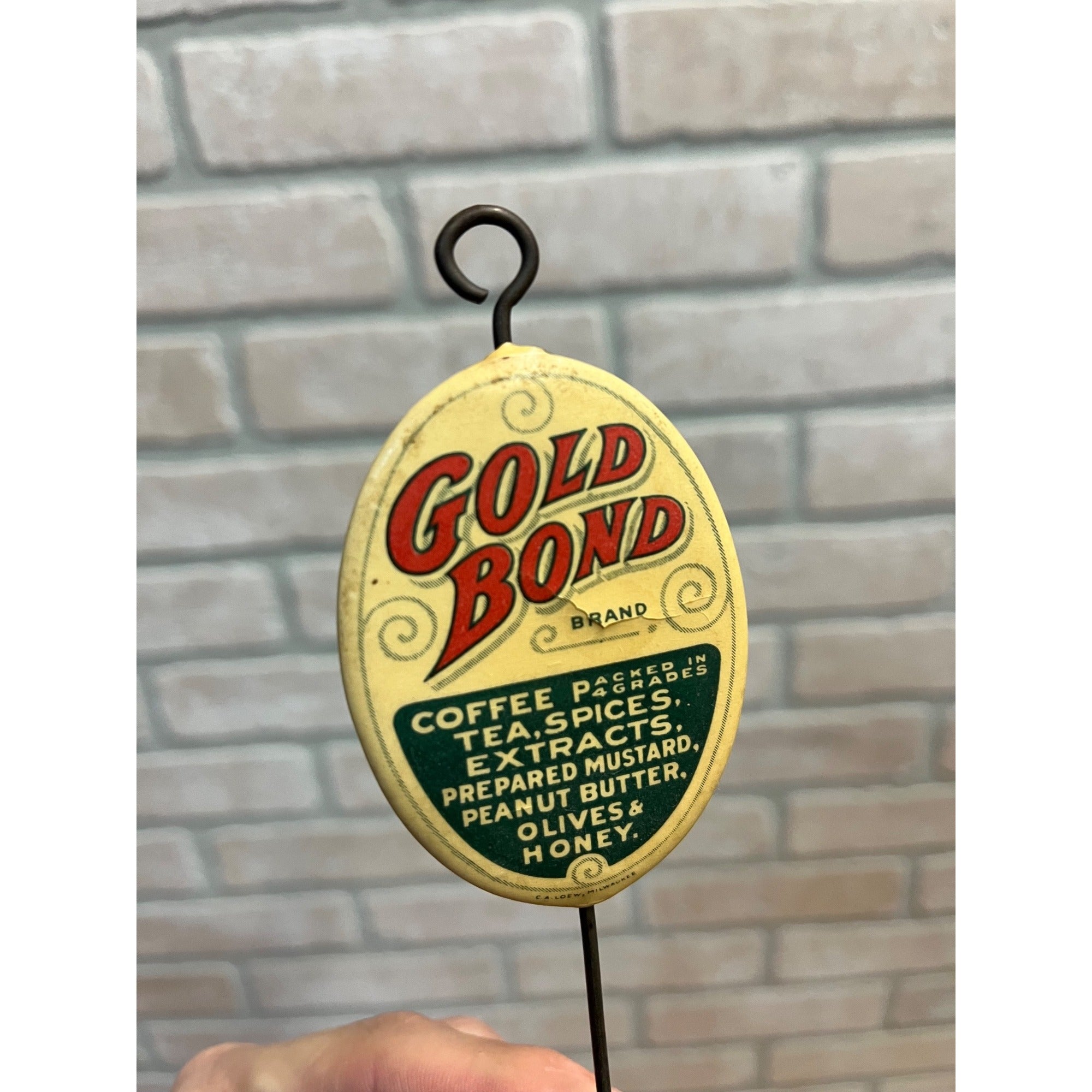 Antique Vintage Gold Bond Coffee Tea Celluloid Advertising Bill Hook Milwaukee