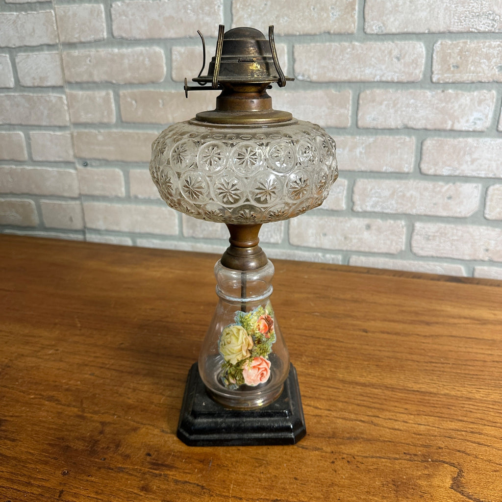 Antique Victorian 1890s Star Pattern Glass Oil Lamp - EAPG - ROG Floral Column
