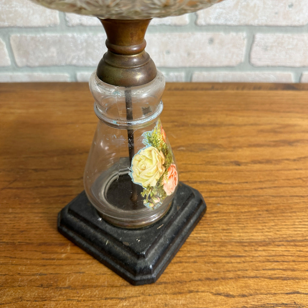 Antique Victorian 1890s Star Pattern Glass Oil Lamp - EAPG - ROG Floral Column