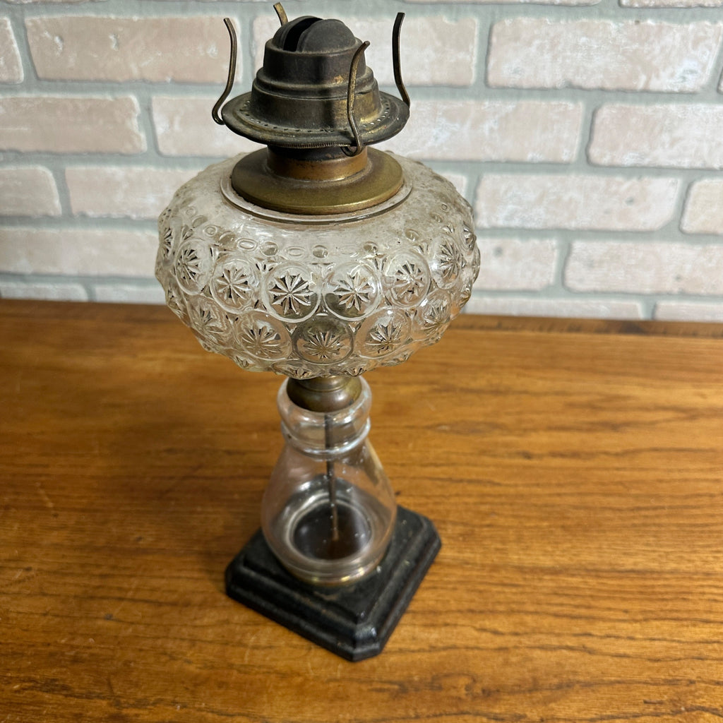 Antique Victorian 1890s Star Pattern Glass Oil Lamp - EAPG - ROG Floral Column