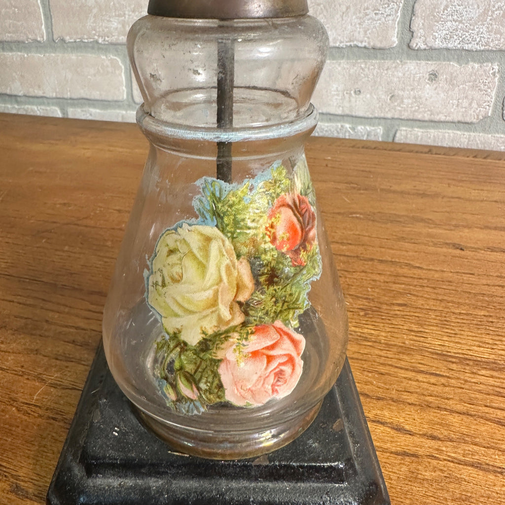 Antique Victorian 1890s Star Pattern Glass Oil Lamp - EAPG - ROG Floral Column