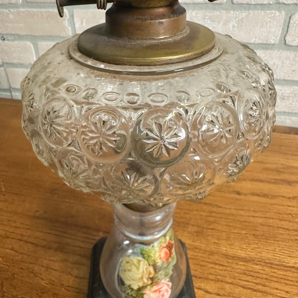 Antique Victorian 1890s Star Pattern Glass Oil Lamp - EAPG - ROG Floral Column