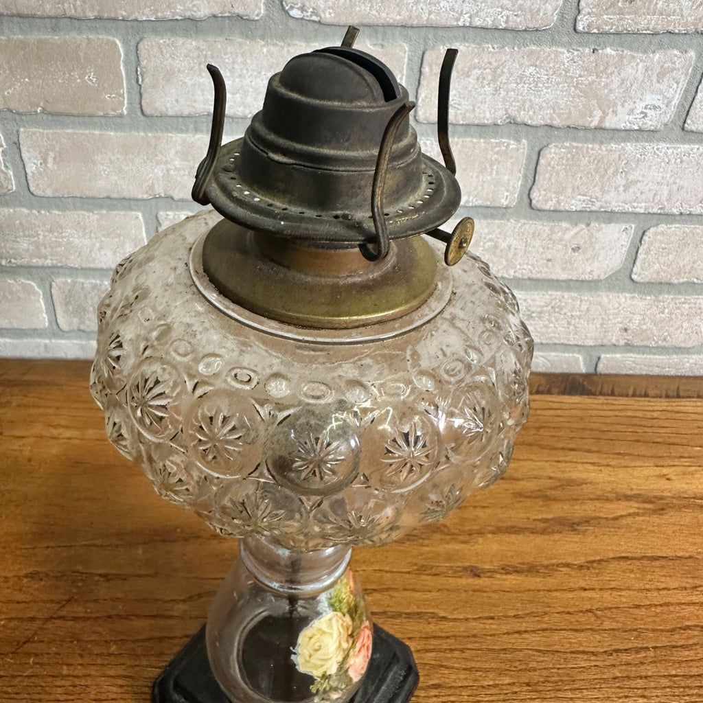 Antique Victorian 1890s Star Pattern Glass Oil Lamp - EAPG - ROG Floral Column