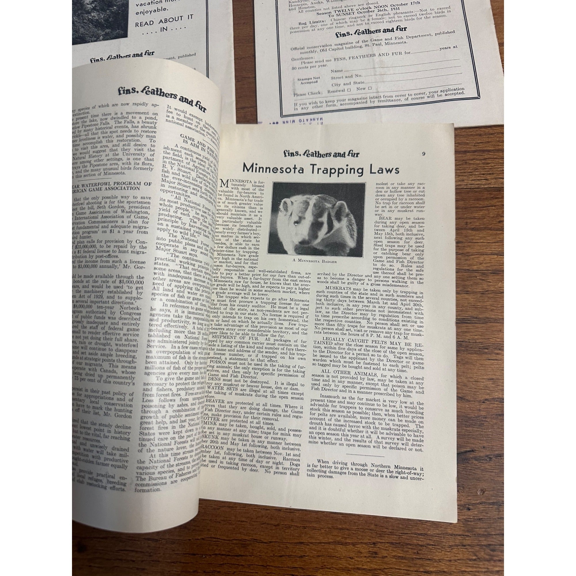 Vintage 1931 Fins, Feathers & Fur Minnesota Game & Fish Dept. Hunting Fishing Magazines