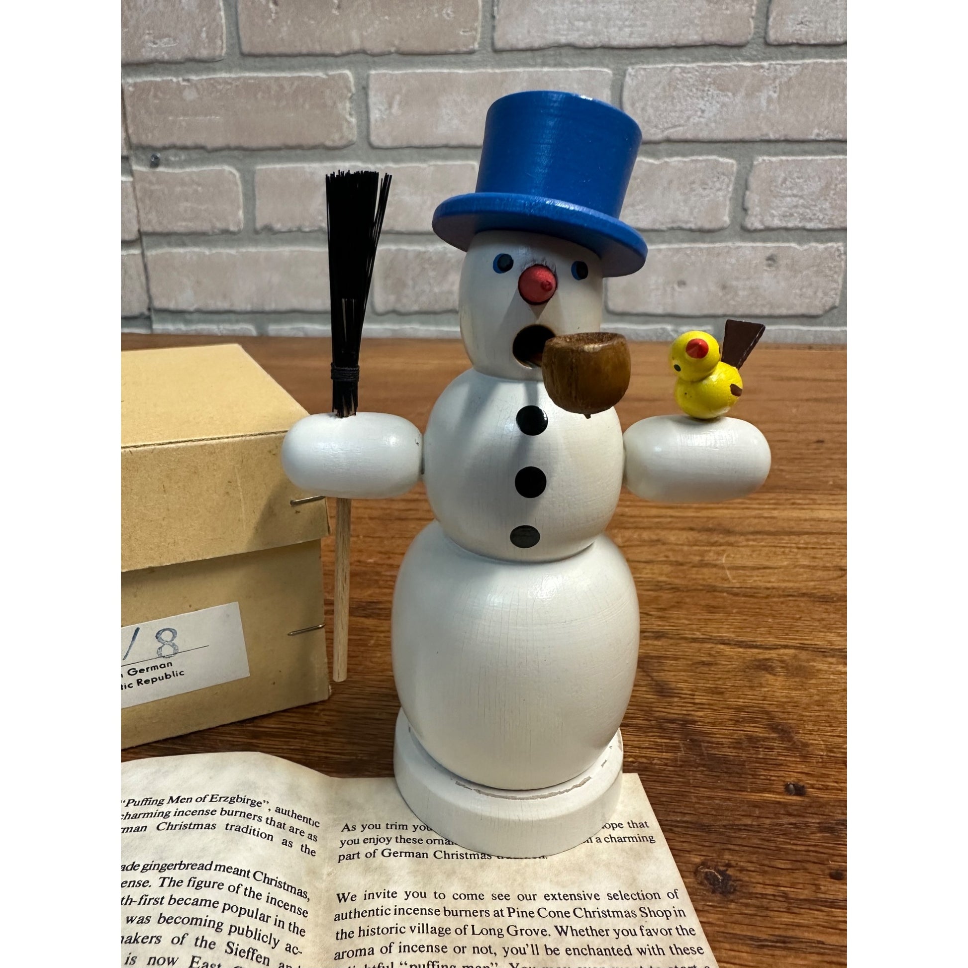Vintage Dregeno East Germany Wooden Snowman w Broom & Bird #14678