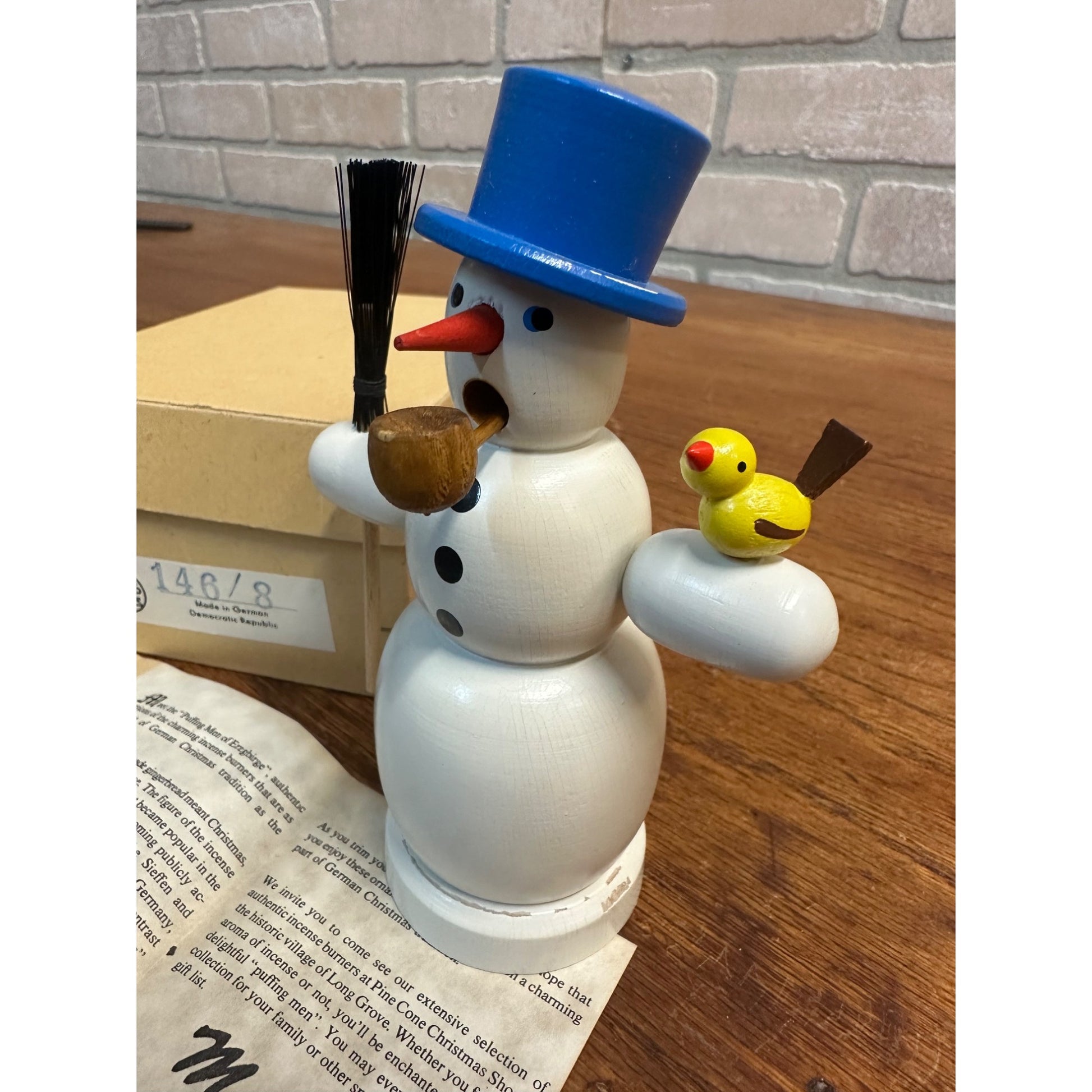 Vintage Dregeno East Germany Wooden Snowman w Broom & Bird #14678