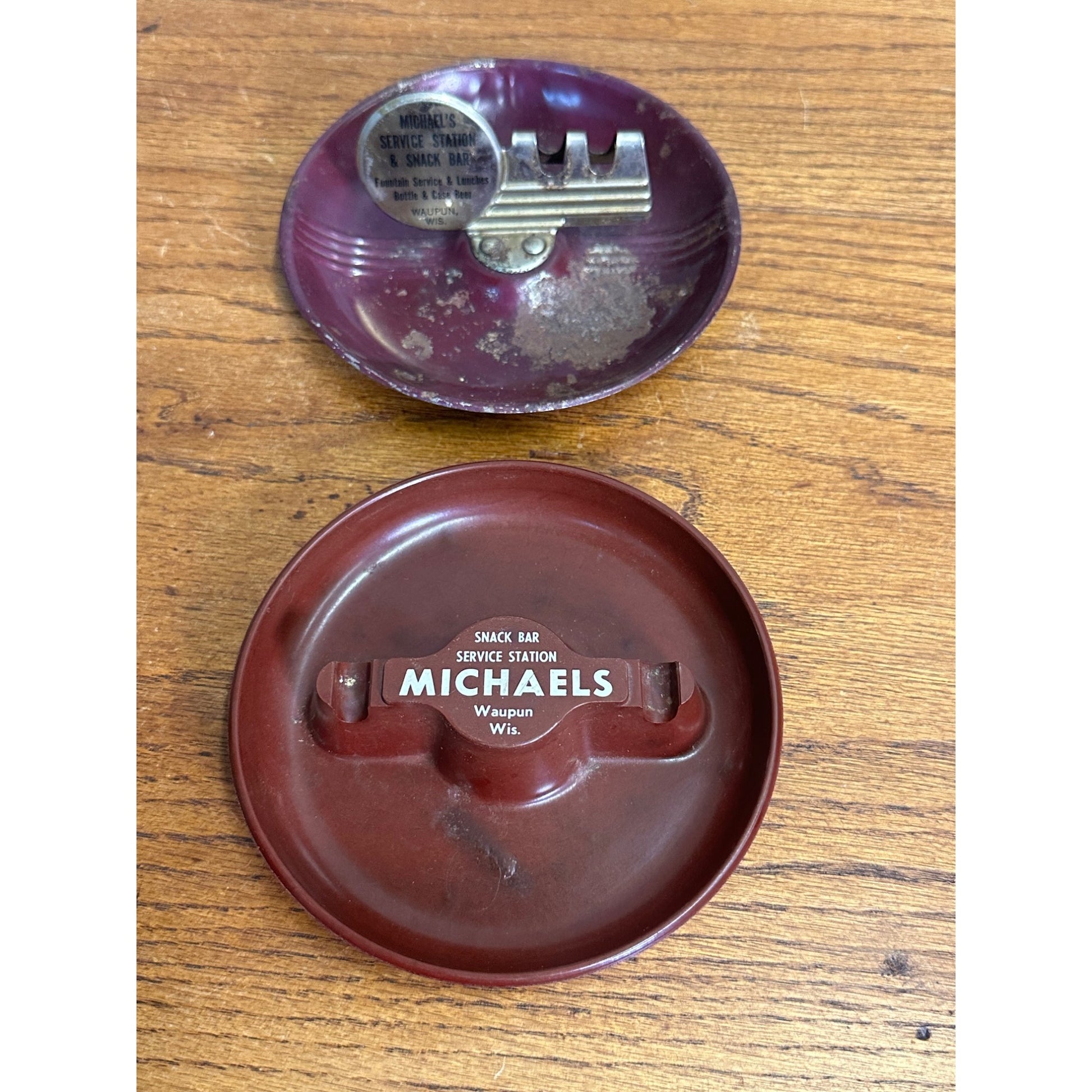 Vintage Michael's Service Station & Snack Bar Advertising Ashtrays Waupun Wis WI