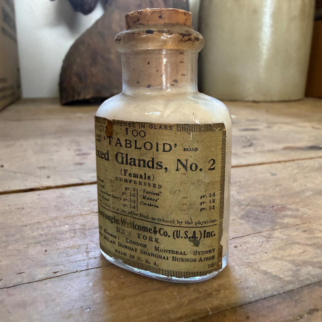 Antique Burroughs Wellcome Tabloid Mixed Glands No 2 Female Medicine Bottle FULL