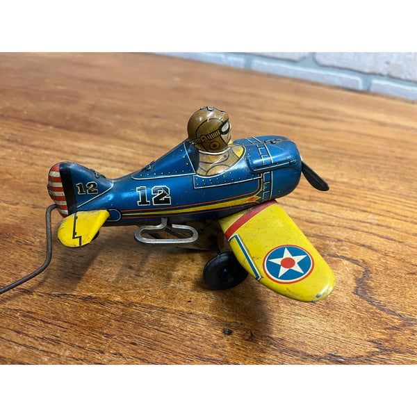 RARE Vintage 1940s Marx Blue Tin Roll Over #12 WWII Airplane & Pilot Windup Toy