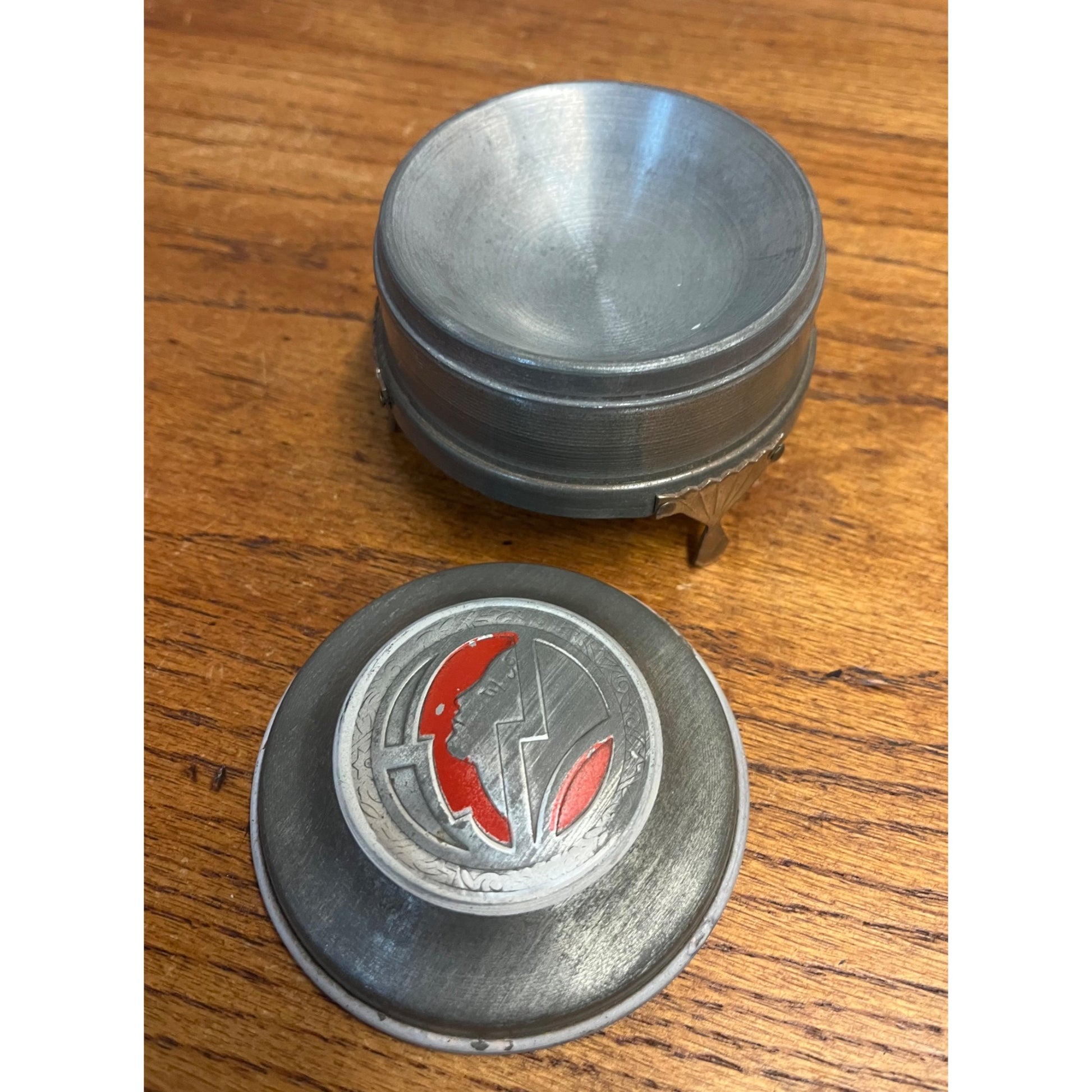 Vintage Art Nouveau Deco Aluminum Footed Powder Jar Makeup Vanity Box