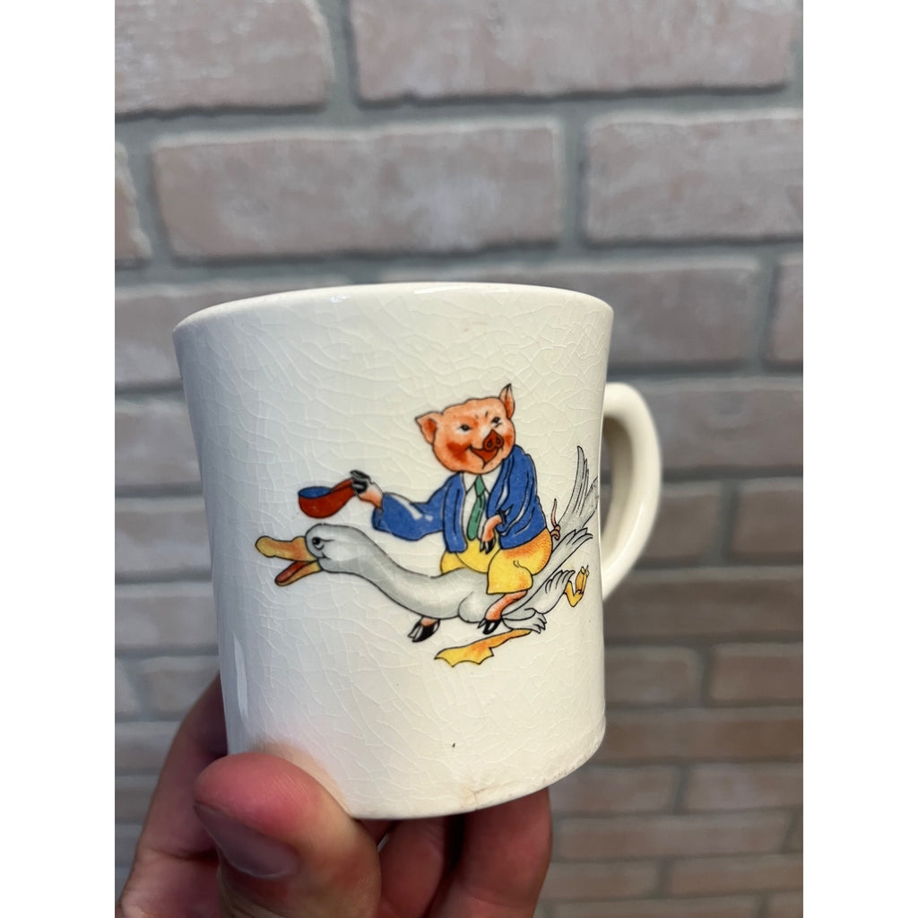 Vintage Children's Drinking Cup Glazed Pottery Mug Pig Riding Mother Goose Circa 1930 Syracuse China?