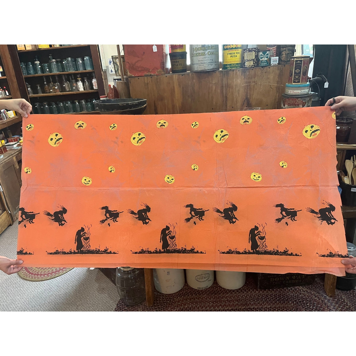 RARE Vintage Halloween Dennison c1926 Crepe Paper Table Cover Flying Witches JOL Spider Webs