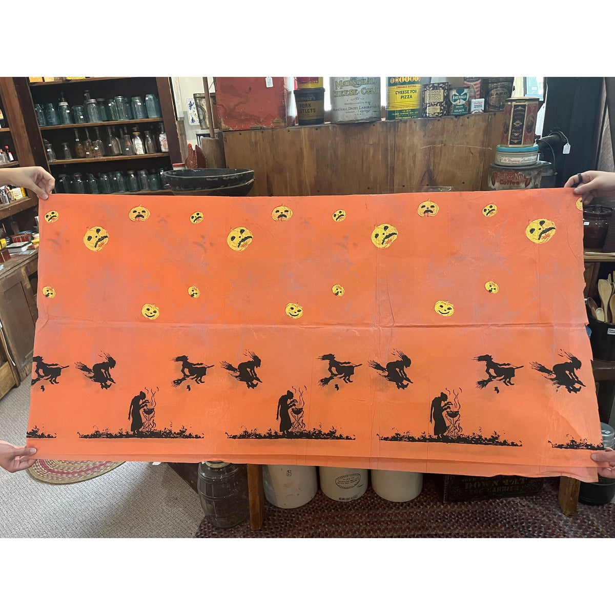 RARE Vintage Halloween Dennison c1926 Crepe Paper Table Cover Flying Witches JOL Spider Webs