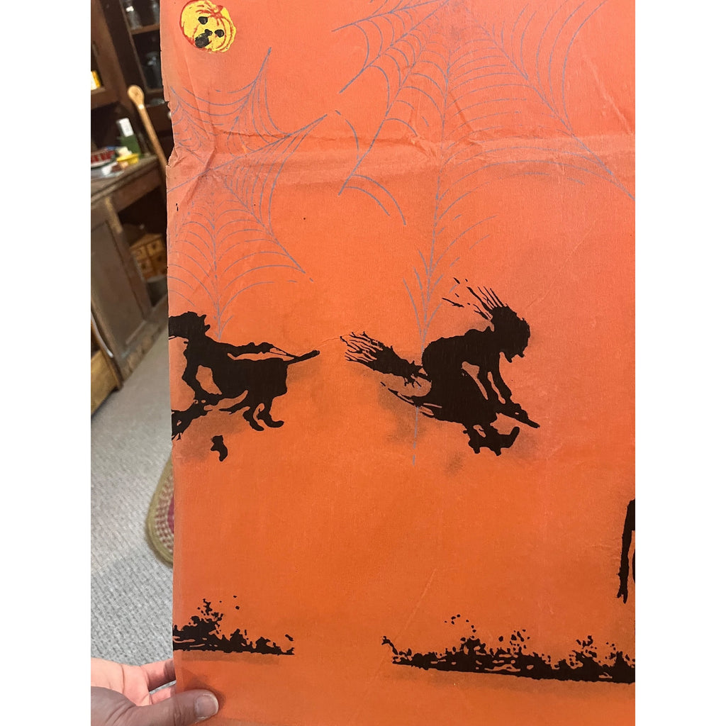 RARE Vintage Halloween Dennison c1926 Crepe Paper Table Cover Flying Witches JOL Spider Webs