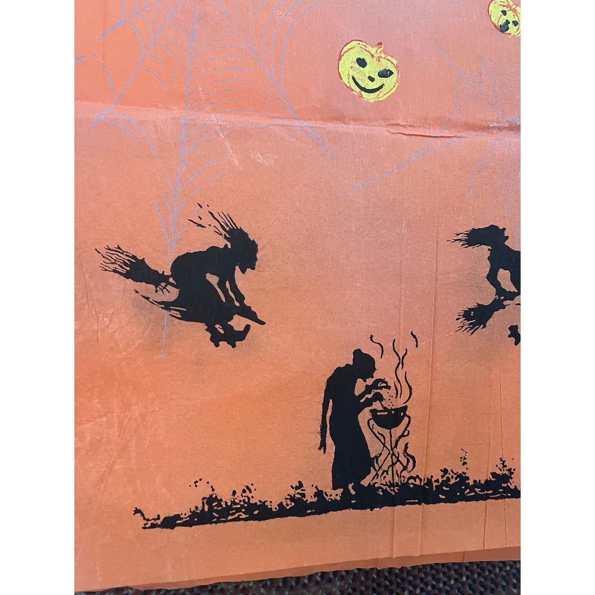 RARE Vintage Halloween Dennison c1926 Crepe Paper Table Cover Flying Witches JOL Spider Webs