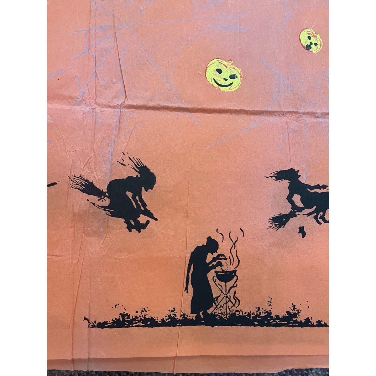RARE Vintage Halloween Dennison c1926 Crepe Paper Table Cover Flying Witches JOL Spider Webs