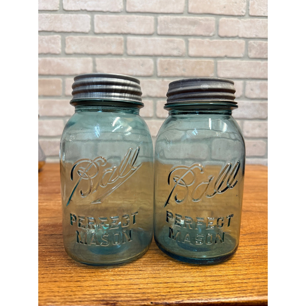 Vintage Pair of Ball Perfect Mason Canning Fruit Jars Aqua Blue #2 & #3 Quarts 1900s