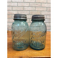 Vintage Pair of Ball Perfect Mason Canning Fruit Jars Aqua Blue #2 & #3 Quarts 1900s