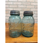 Vintage Pair of Ball Perfect Mason Canning Fruit Jars Aqua Blue #2 & #3 Quarts 1900s