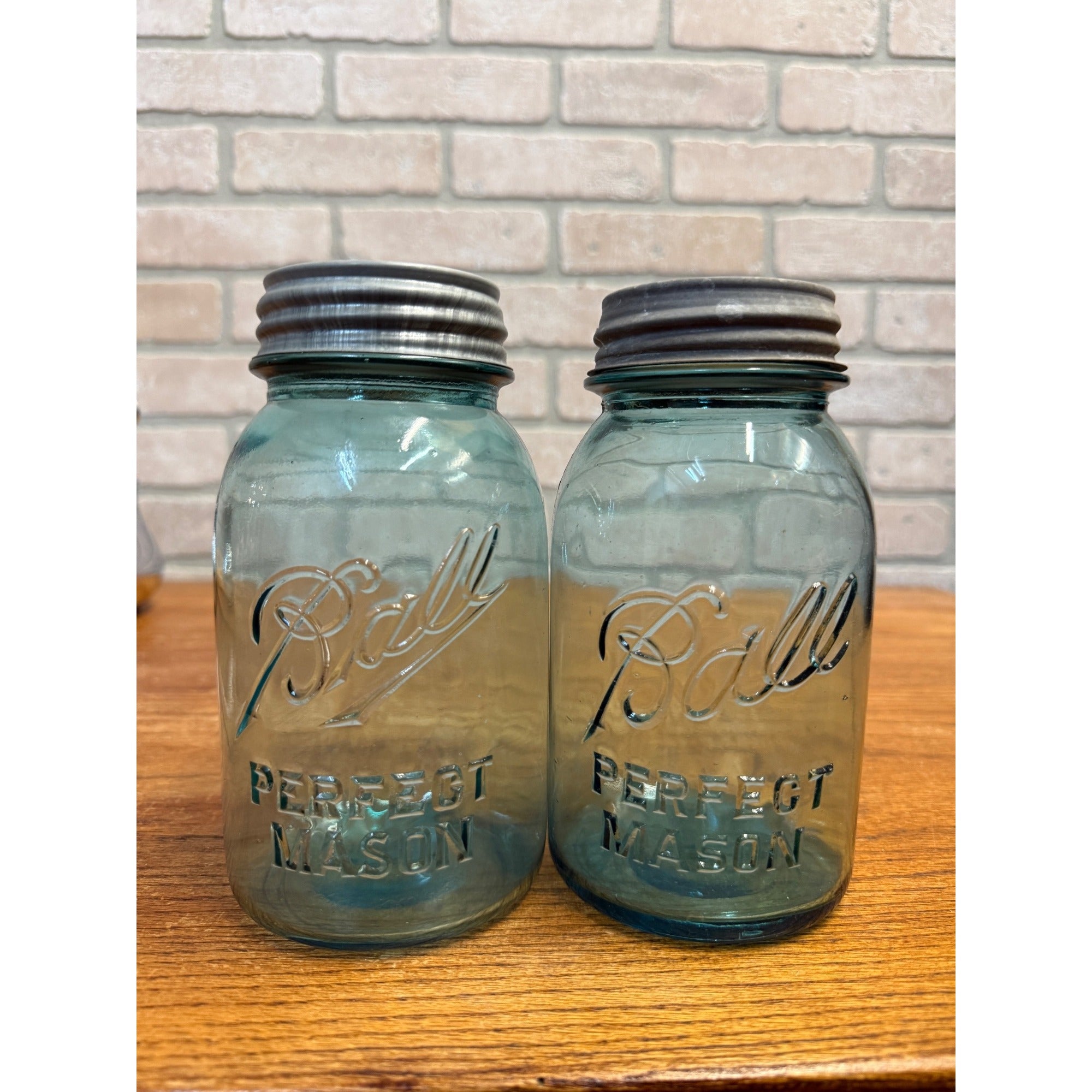 Vintage Pair of Ball Perfect Mason Canning Fruit Jars Aqua Blue #2 & #3 Quarts 1900s