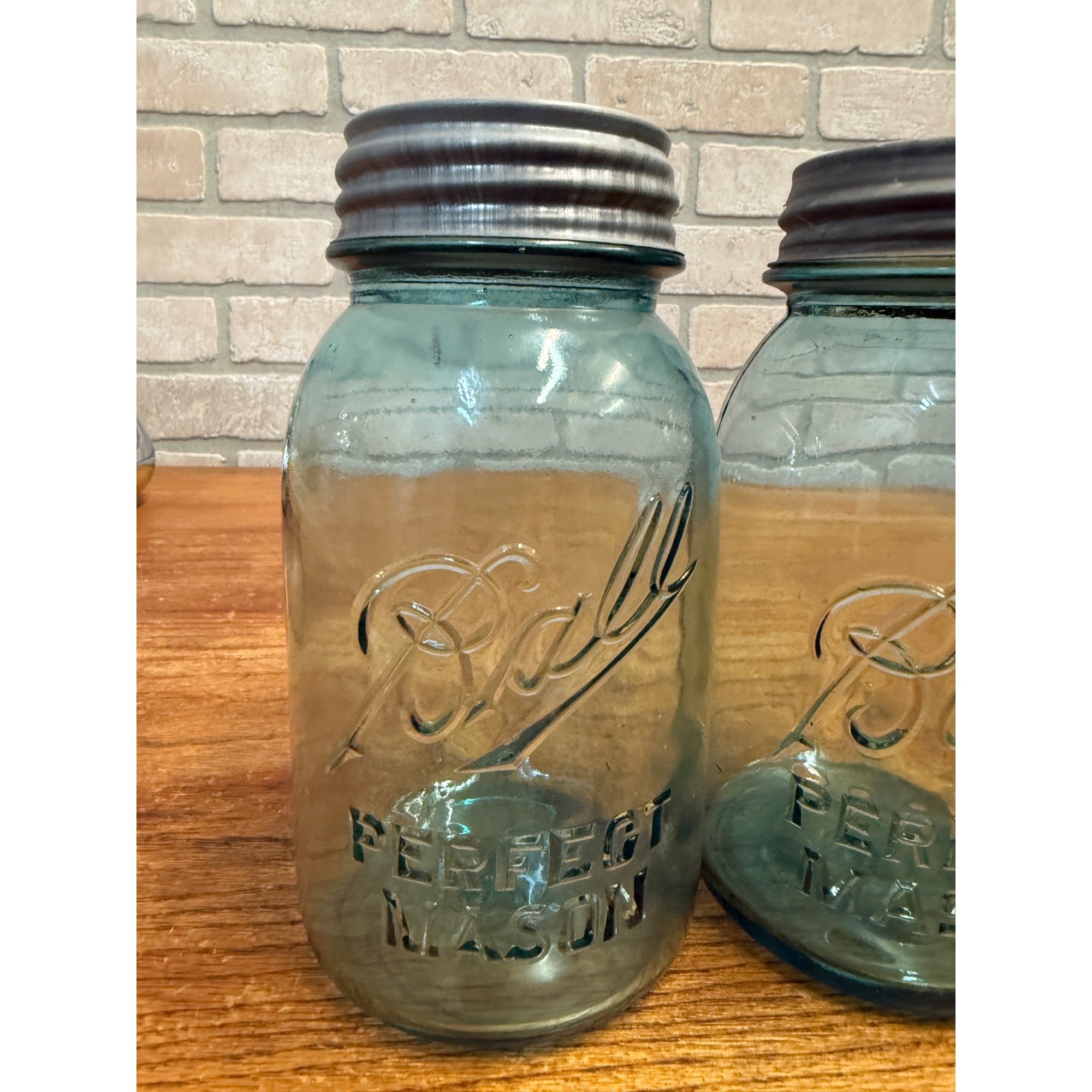 Vintage Pair of Ball Perfect Mason Canning Fruit Jars Aqua Blue #2 & #3 Quarts 1900s