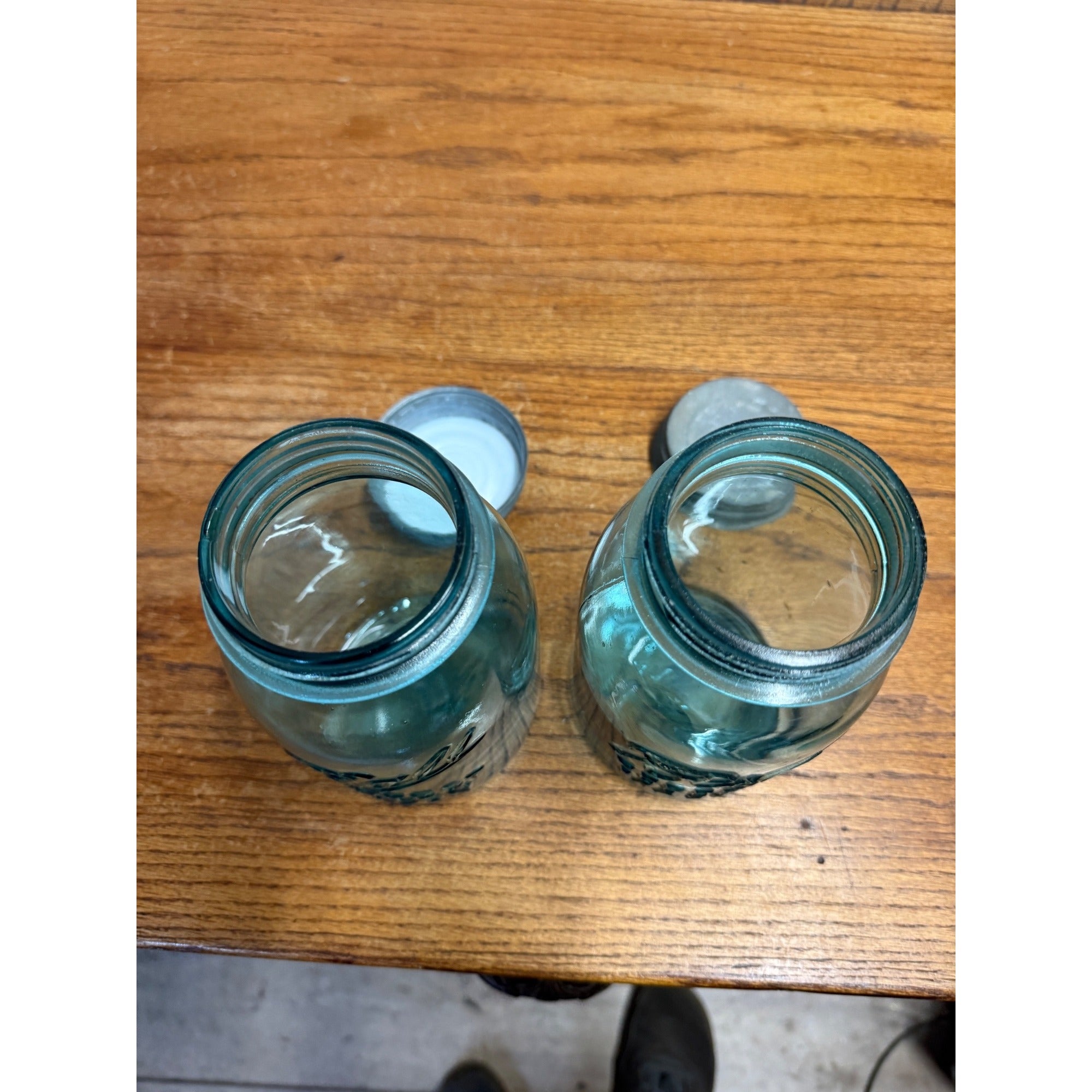 Vintage Pair of Ball Perfect Mason Canning Fruit Jars Aqua Blue #2 & #3 Quarts 1900s