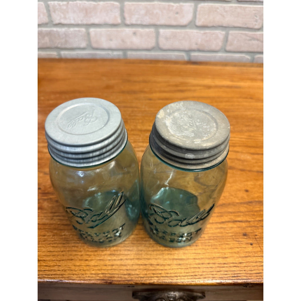 Vintage Pair of Ball Perfect Mason Canning Fruit Jars Aqua Blue #2 & #3 Quarts 1900s