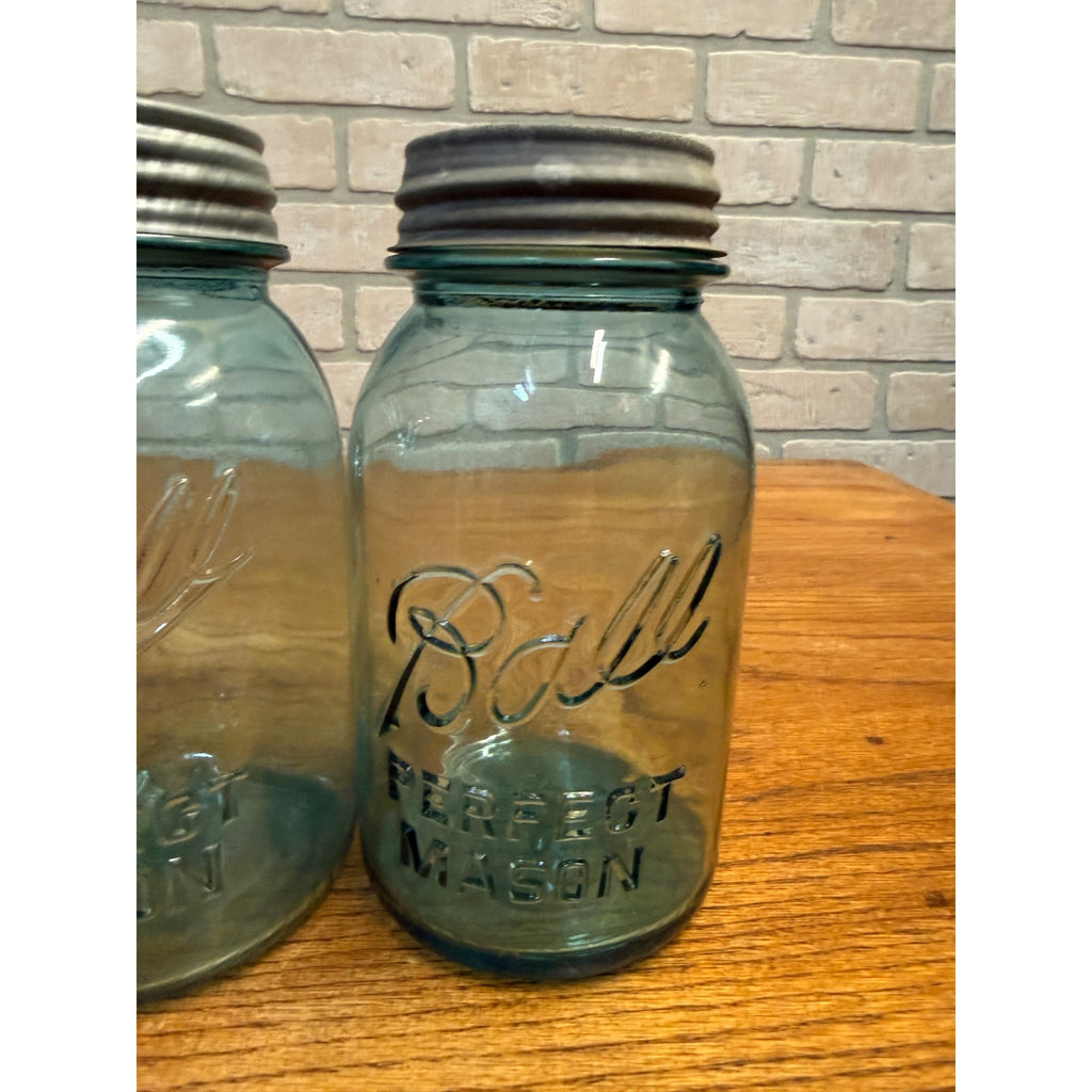 Vintage Pair of Ball Perfect Mason Canning Fruit Jars Aqua Blue #2 & #3 Quarts 1900s